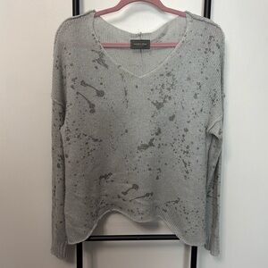 Wooden Ships Paint Splatter Gray Silver V-neck Mohair Wool Sweater Knit Women